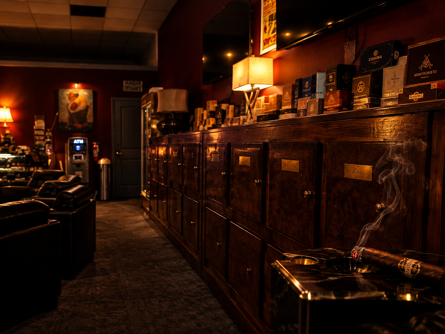 Wall of private humidor cabinets with brass nameplates and stacked cigar boxes at Carlos Cabeza Cigar Lounge in Galveston