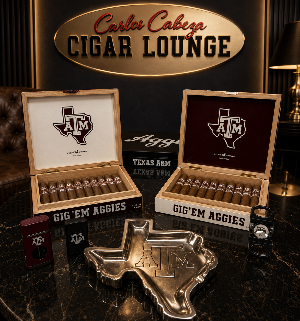 Texas A&M Gig 'Em Aggies cigar boxes, lighters and a Texas-shaped ashtray beneath the Carlos Cabeza Cigar Lounge sign