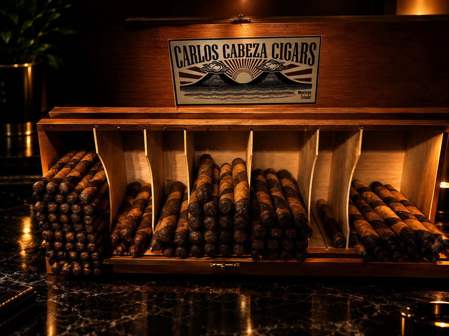 Carlos Cabeza Cigars humidor display with premium cigars stacked in a brass-lit wooden cabinet
