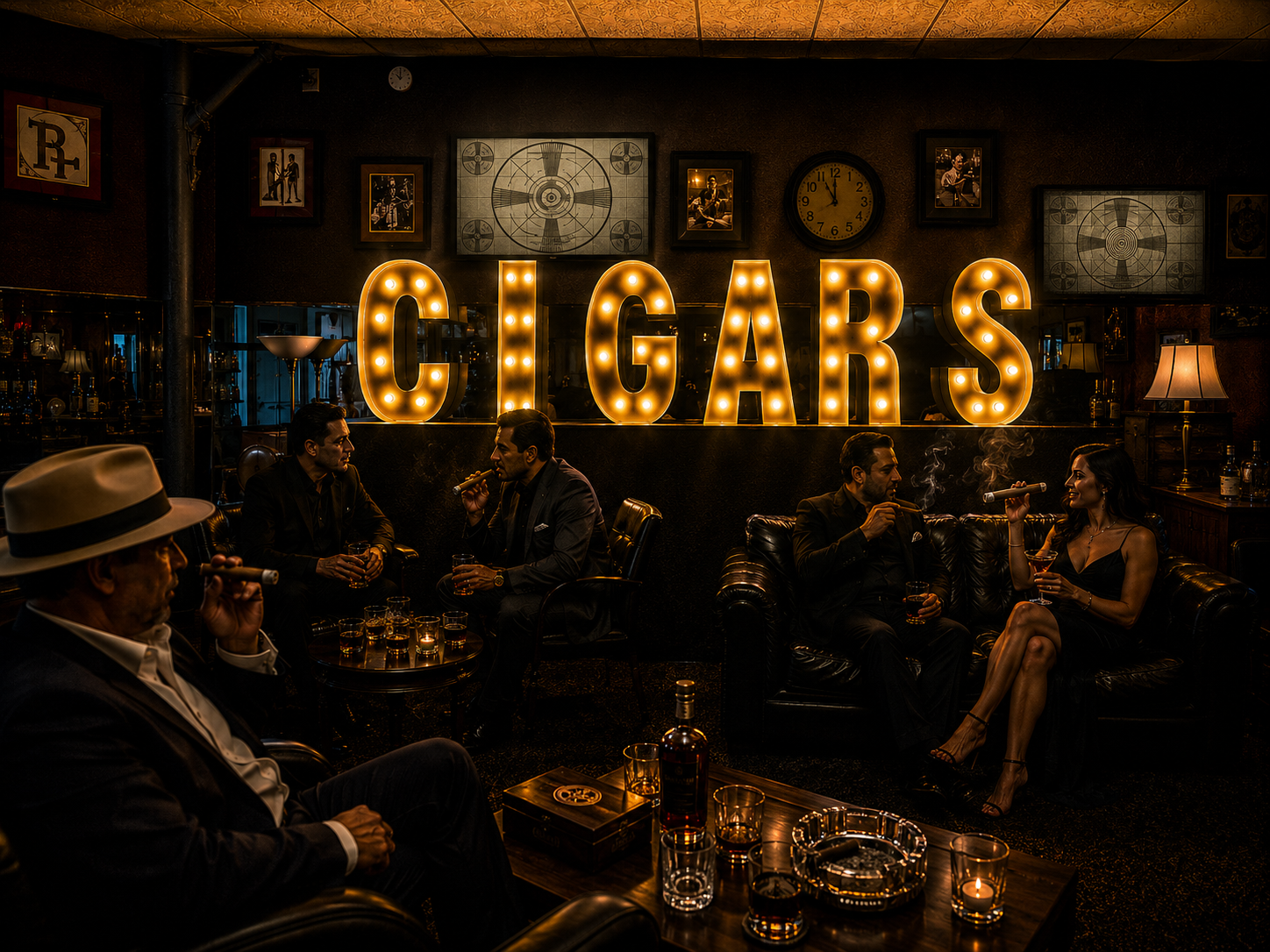 Guests in suits smoking cigars in leather chairs beneath a glowing CIGARS marquee sign at Carlos Cabeza Cigar Lounge in Galveston, Texas